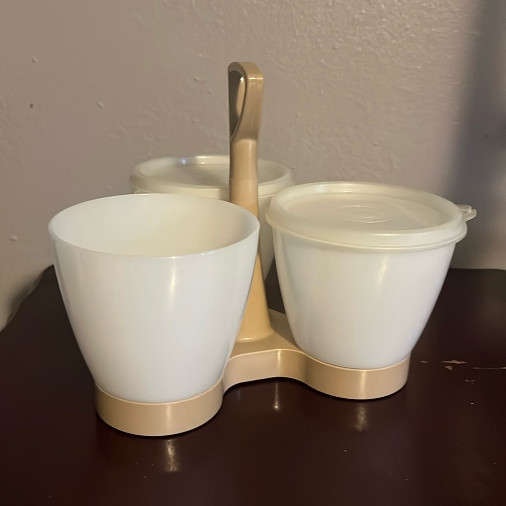 Vintage Tupperware Condiment server with 3 cups and Caddy